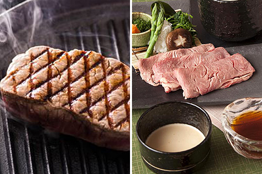 >【フレンチ】牛フィレ肉の網焼き 西洋ワサビのソース、【和食】和牛サーロインの冷しゃぶ風
